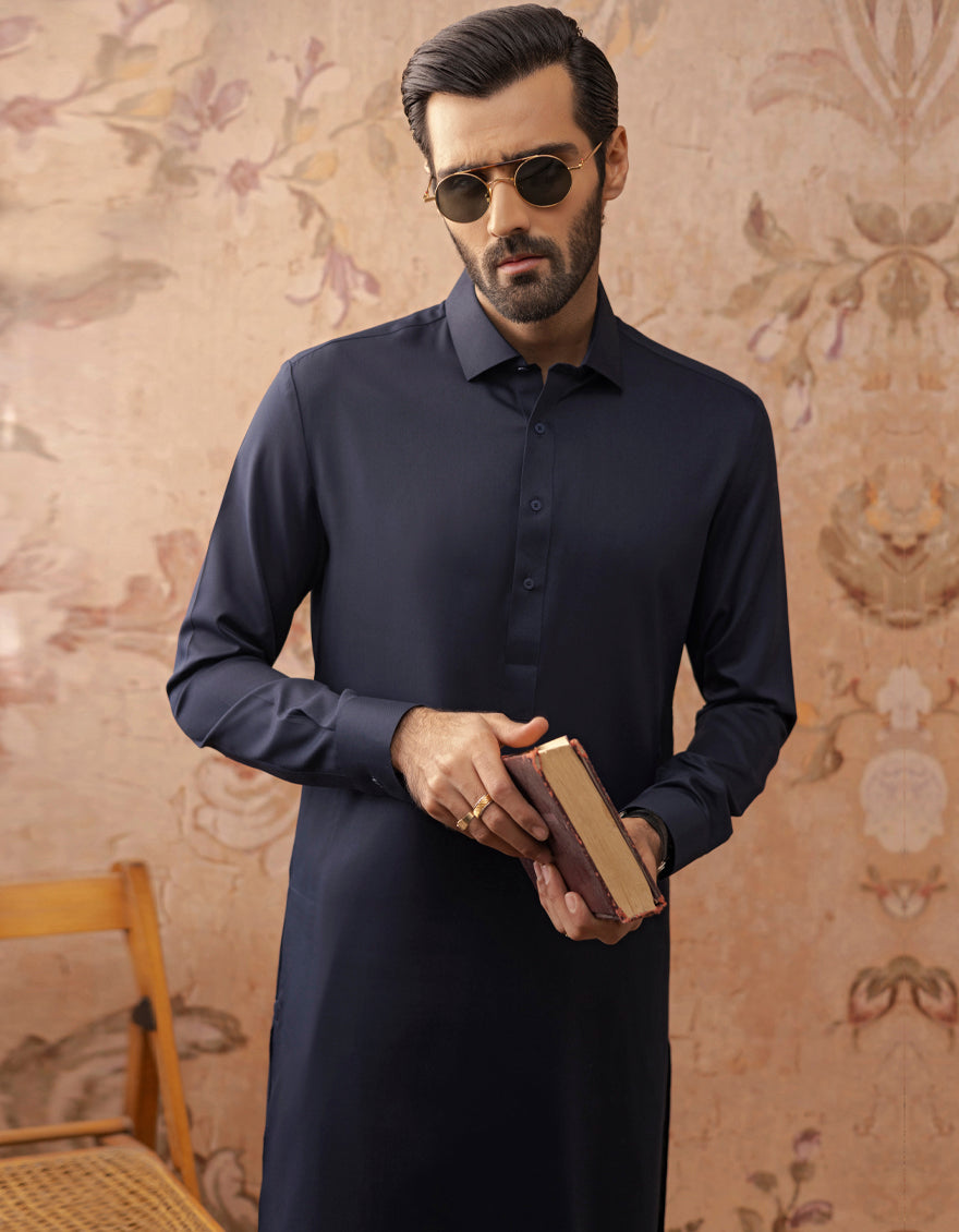 Blended Navy Blue Kameez Shalwar - J. Junaid Jamshed