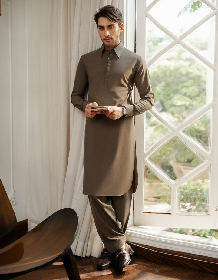Blended Mehndi Green Shalwar Kameez - J. Junaid Jamshed