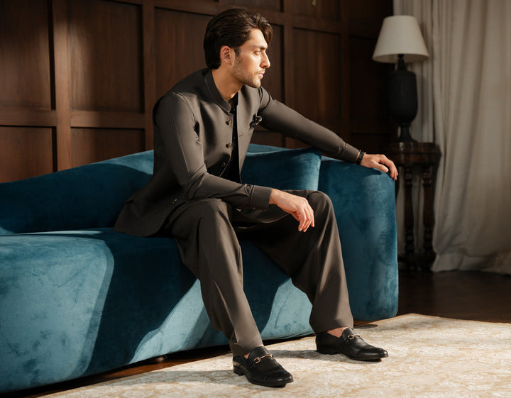 Blended Charcoal Shalwar Kameez with Waistcoat - J. Junaid Jamshed