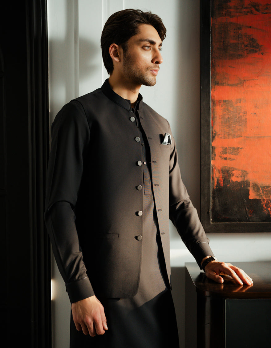 Blended Black Shalwar Kameez with Waist Coat - J. Junaid Jamshed