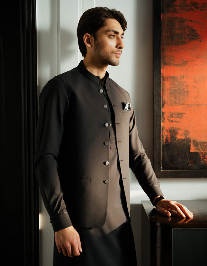 Blended Black Shalwar Kameez with Waist Coat - J. Junaid Jamshed