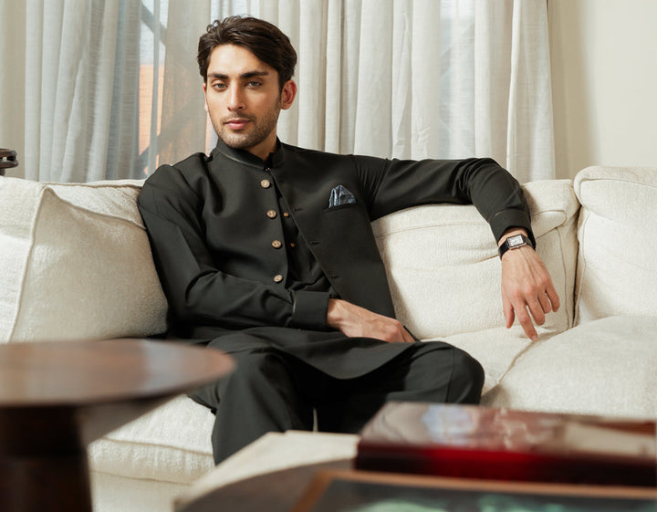 Blended Bottle Green Shalwar Kameez with Waist Coat - J. Junaid Jamshed