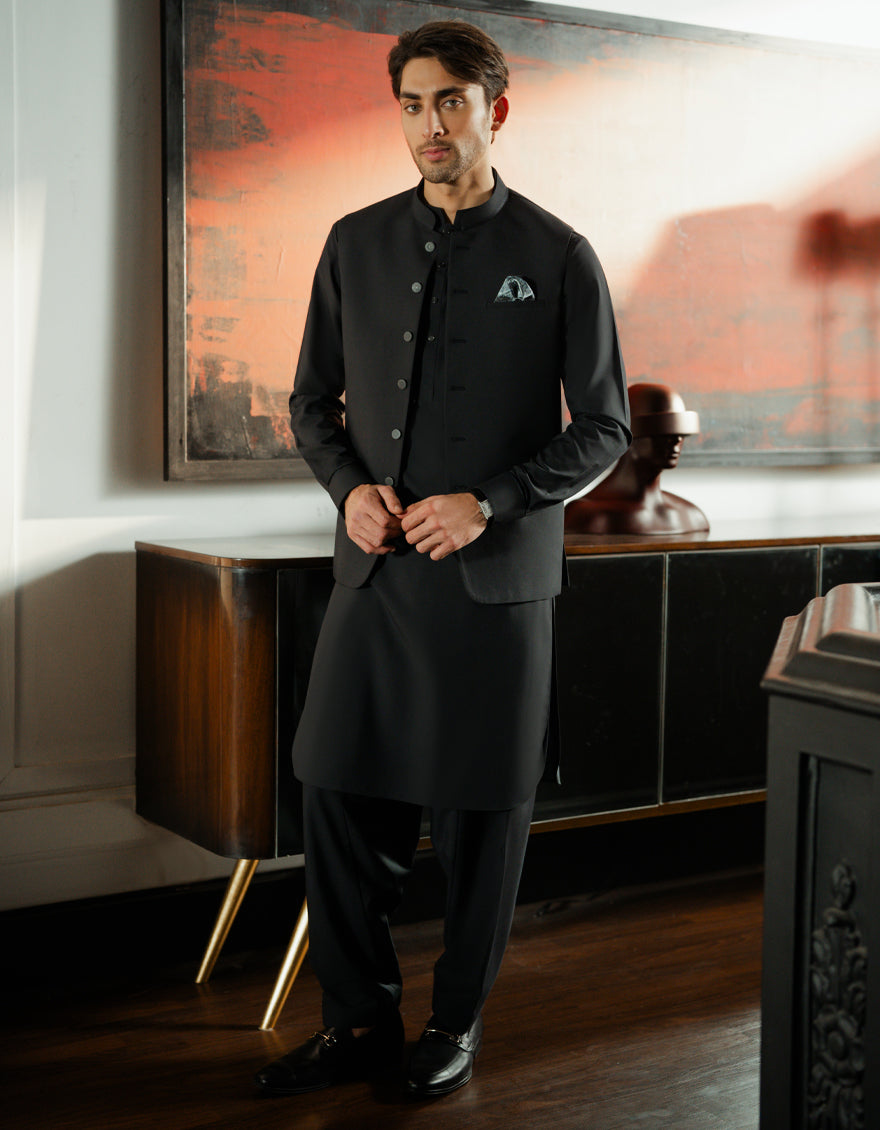 Blended Black Shalwar Kameez with Waist Coat - J. Junaid Jamshed