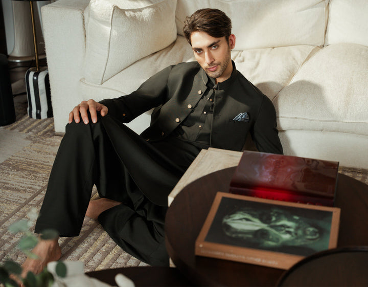Blended Bottle Green Shalwar Kameez with Waist Coat - J. Junaid Jamshed