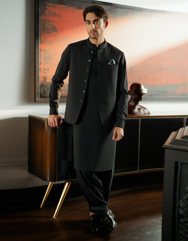 Blended Black Shalwar Kameez with Waist Coat - J. Junaid Jamshed