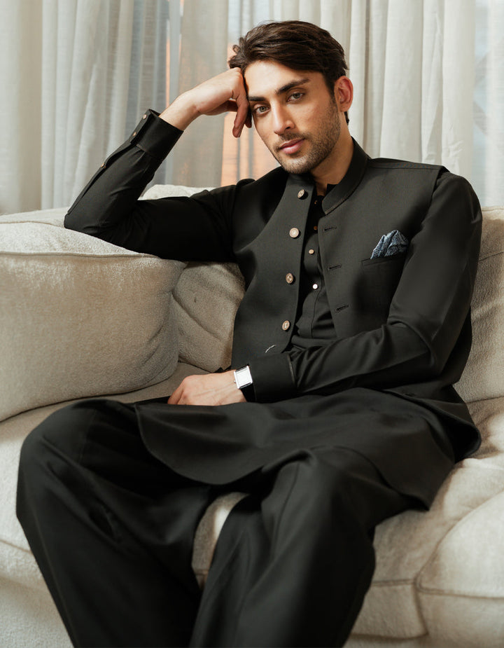 Blended Bottle Green Shalwar Kameez with Waist Coat - J. Junaid Jamshed
