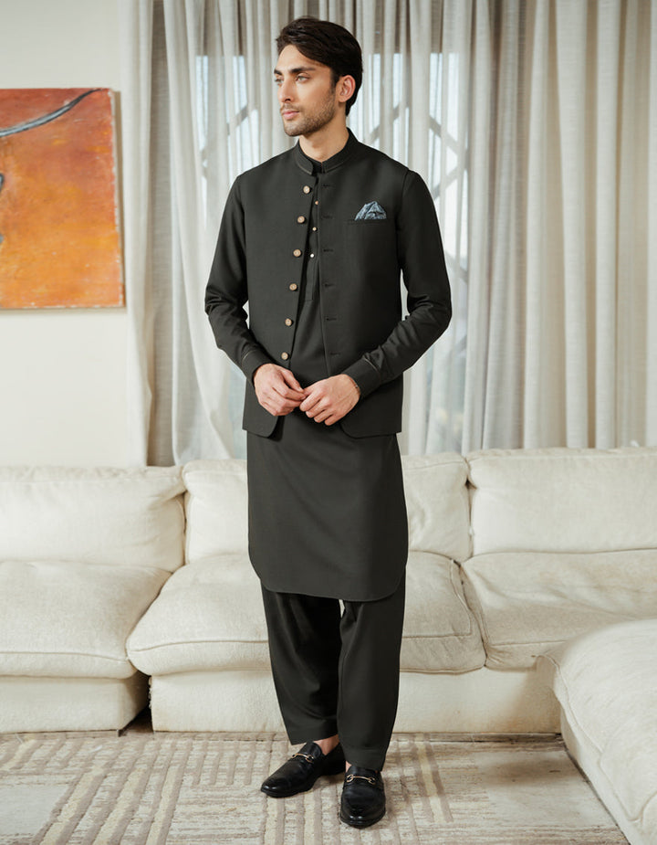 Blended Bottle Green Shalwar Kameez with Waist Coat - J. Junaid Jamshed