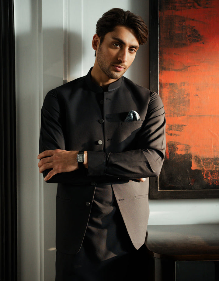 Blended Black Shalwar Kameez with Waist Coat - J. Junaid Jamshed
