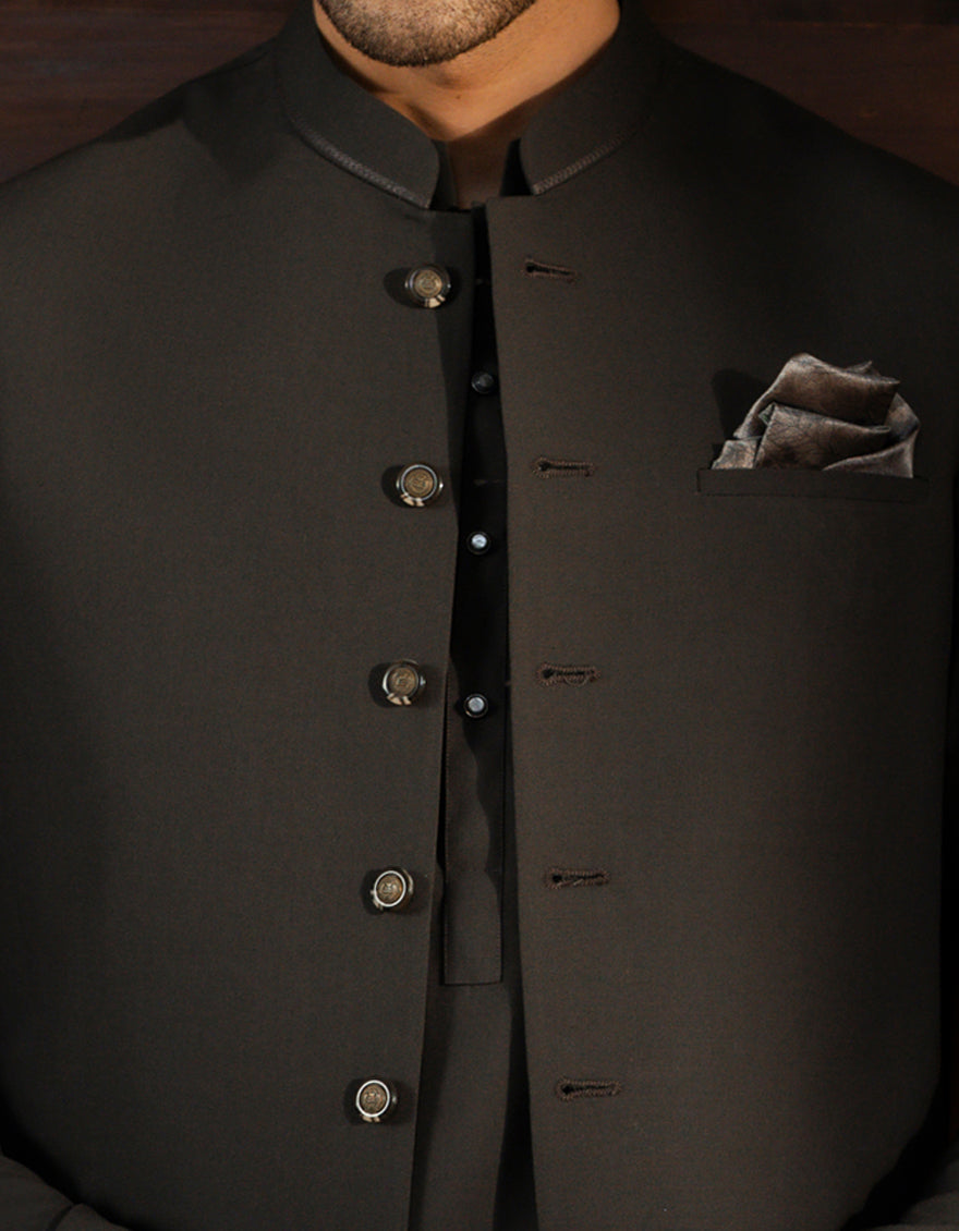 Blended Charcoal Shalwar Kameez with Waistcoat - J. Junaid Jamshed