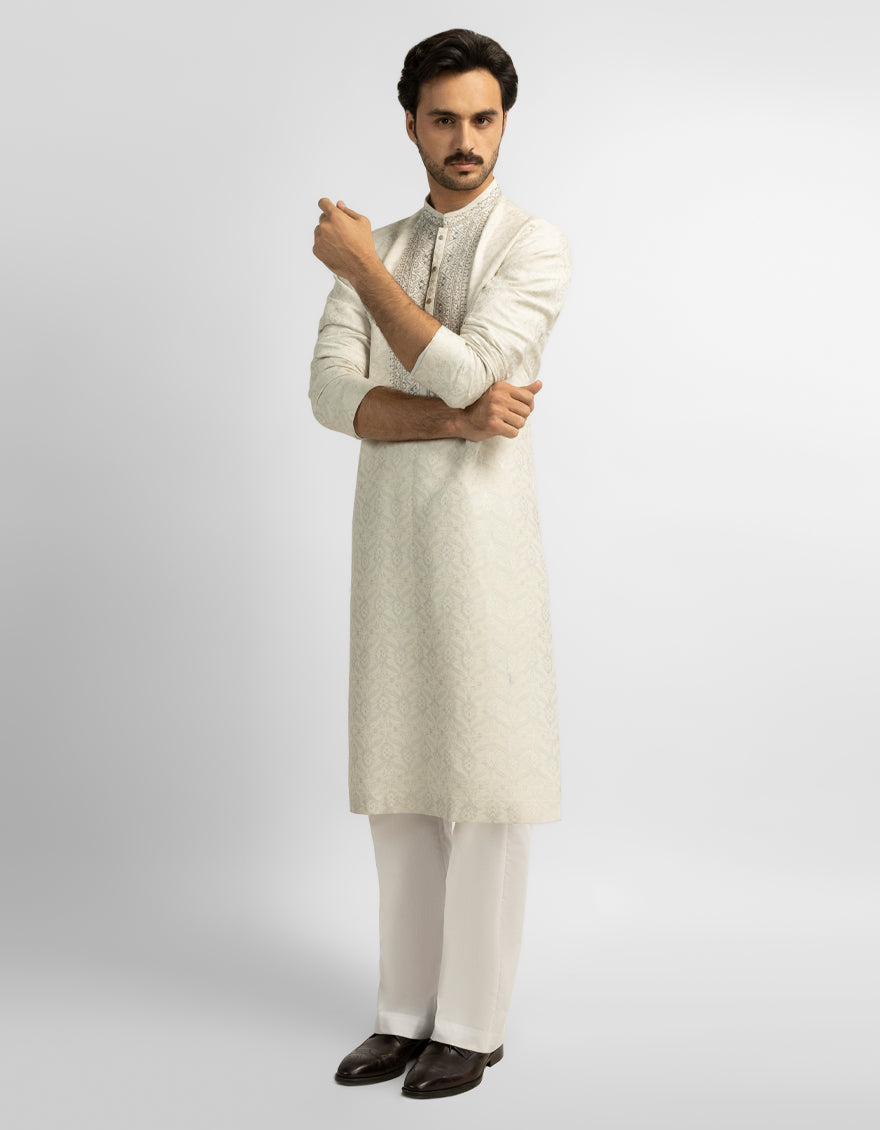 Polyester Cream Special Kurta - J. Junaid Jamshed