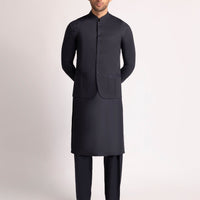 Blended Charcoal Shalwar Kameez With Waist Coat - J. Junaid Jamshed