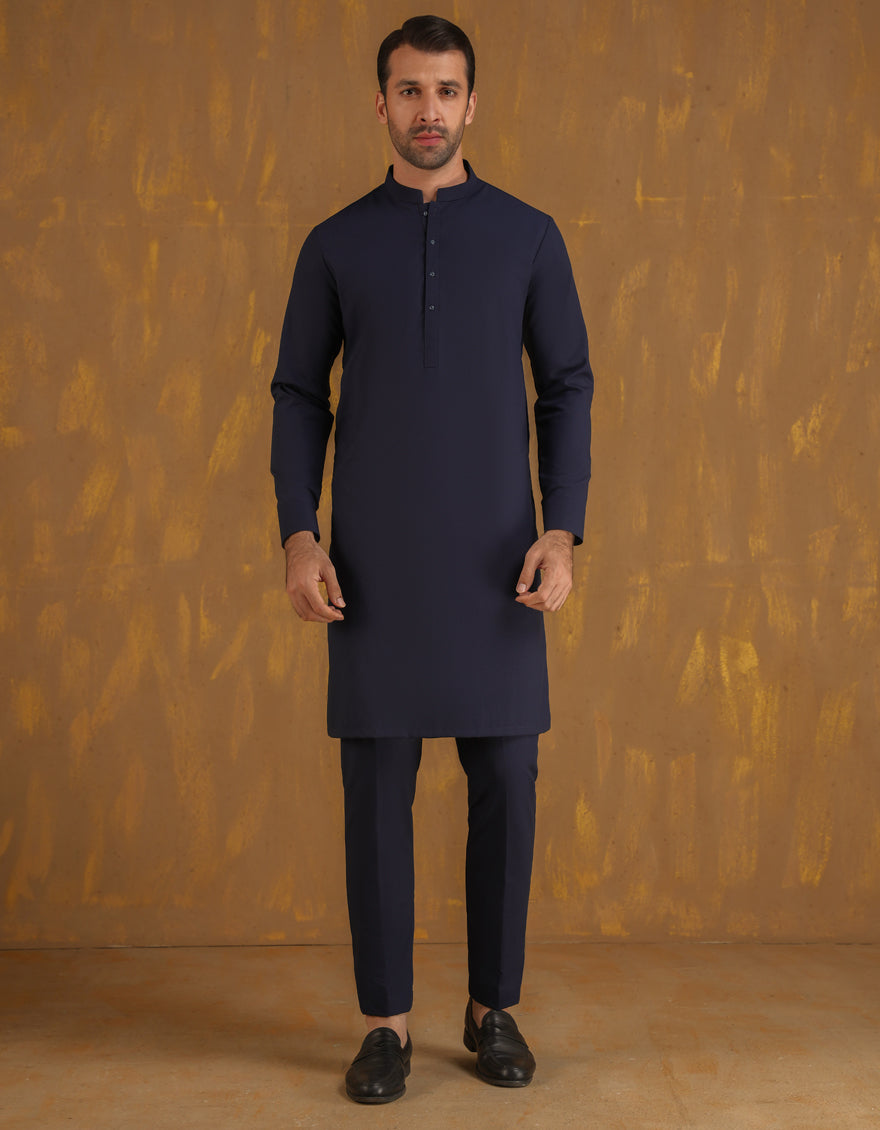 Blended Navy Blue Unstitched Suit - J. Junaid Jamshed