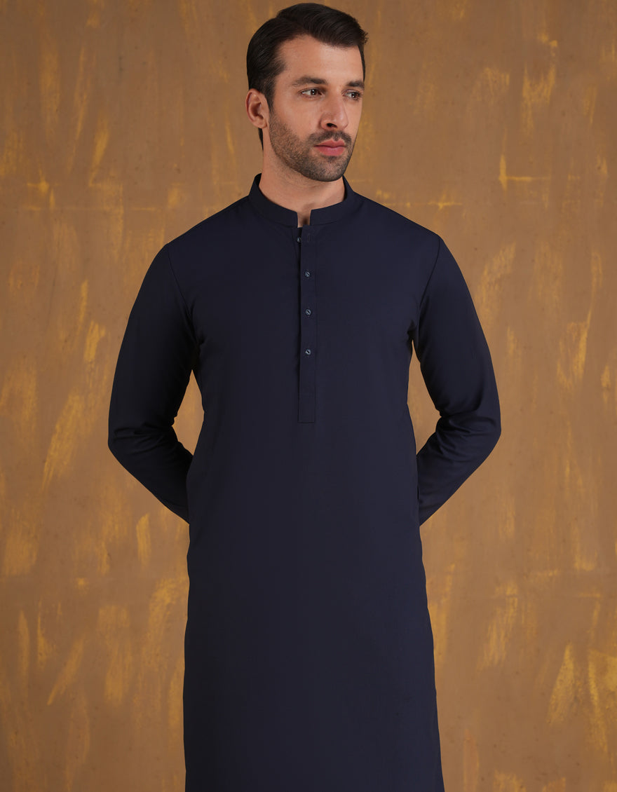 Blended Navy Blue Unstitched Suit - J. Junaid Jamshed