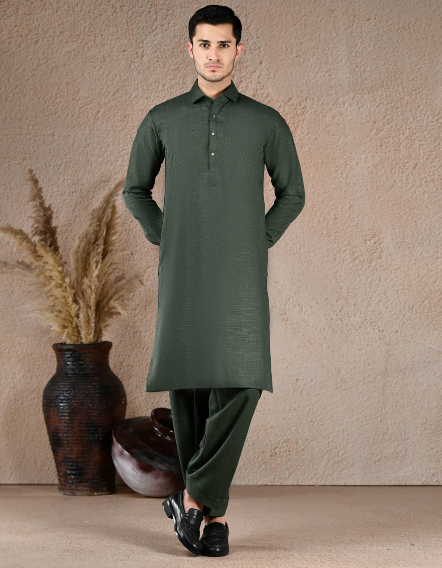 Blended Bottle Green Unstitched Suit - J. Junaid Jamshed