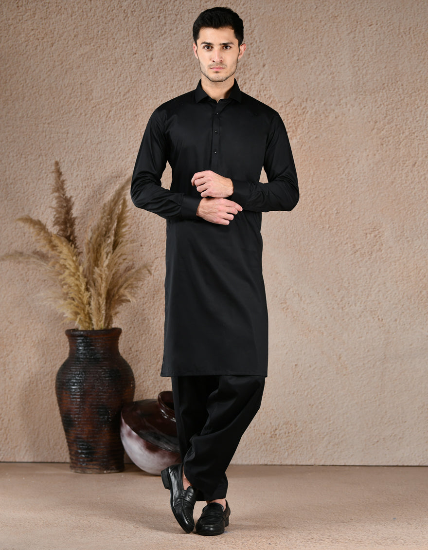 Blended Black Unstitched Suit - J. Junaid Jamshed