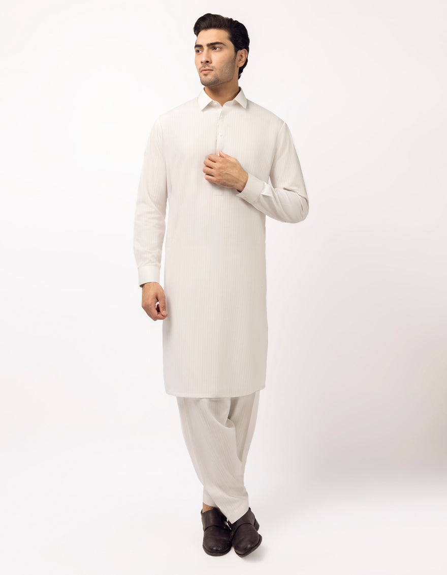 Ash White Unstitched Suit - J. Junaid Jamshed