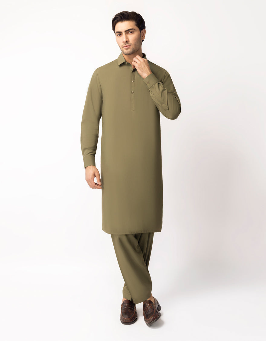 Cotton Olive Green Unstitched Suit - J. Junaid Jamshed