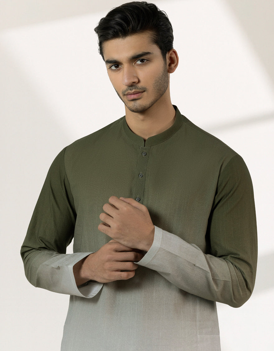 Cotton Mehndi Green Short Kurta - J. Junaid Jamshed