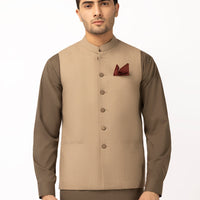 Polyester Wood Brown Waist Coat - J. Junaid Jamshed