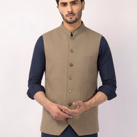 Polyester Khaki Waist Coat - J. Junaid Jamshed