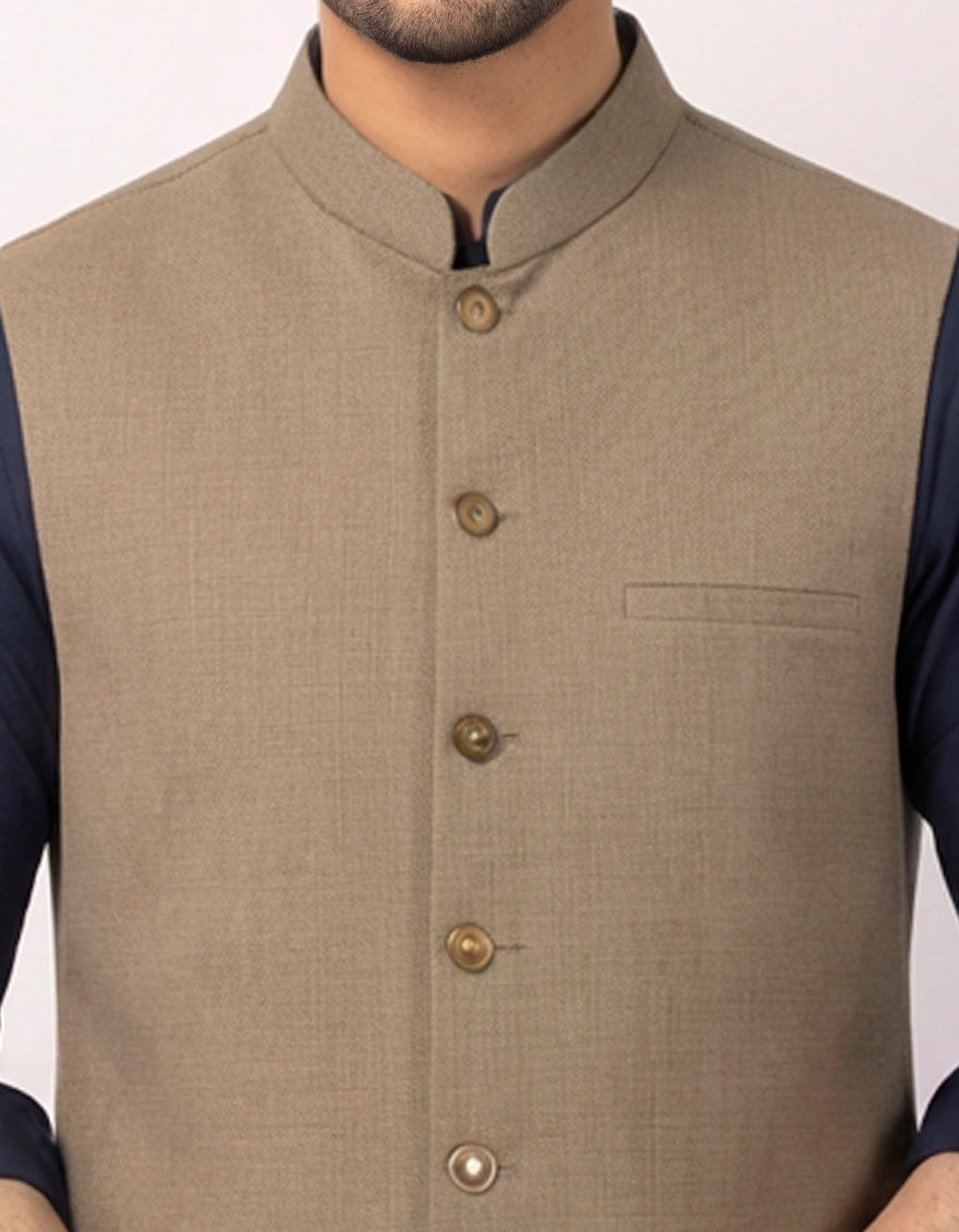 Polyester Khaki Waist Coat - J. Junaid Jamshed