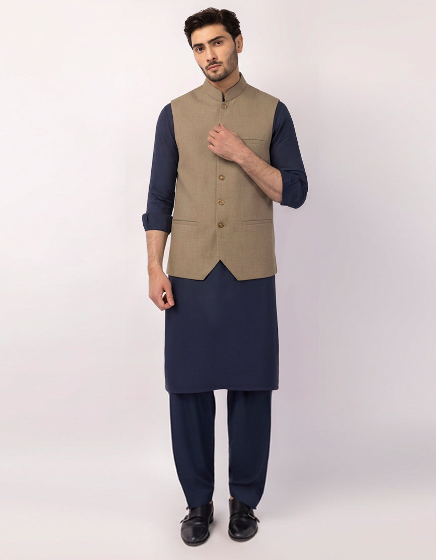 Polyester Khaki Waist Coat - J. Junaid Jamshed