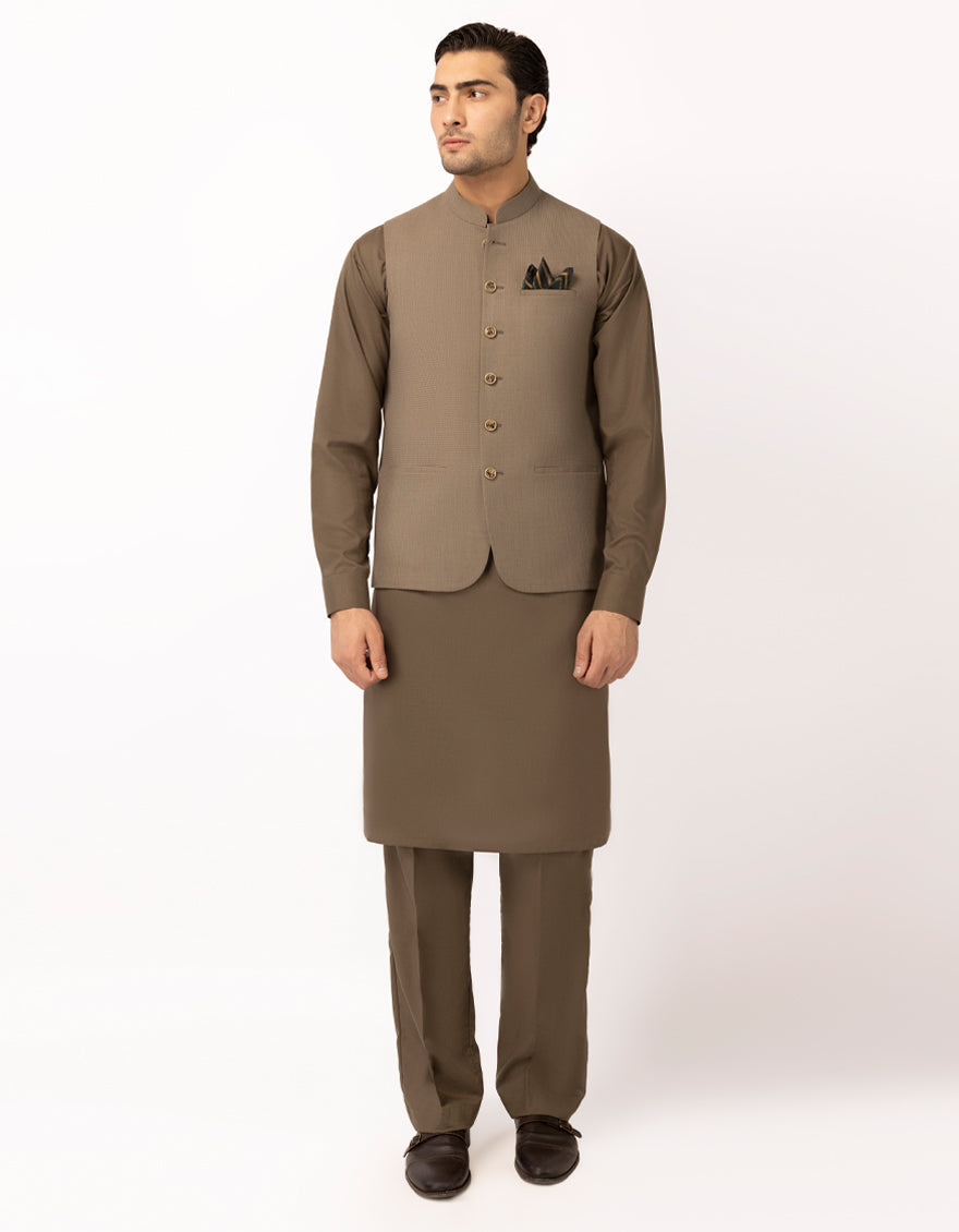 Polyester Dull Brown Waist Coat - J. Junaid Jamshed