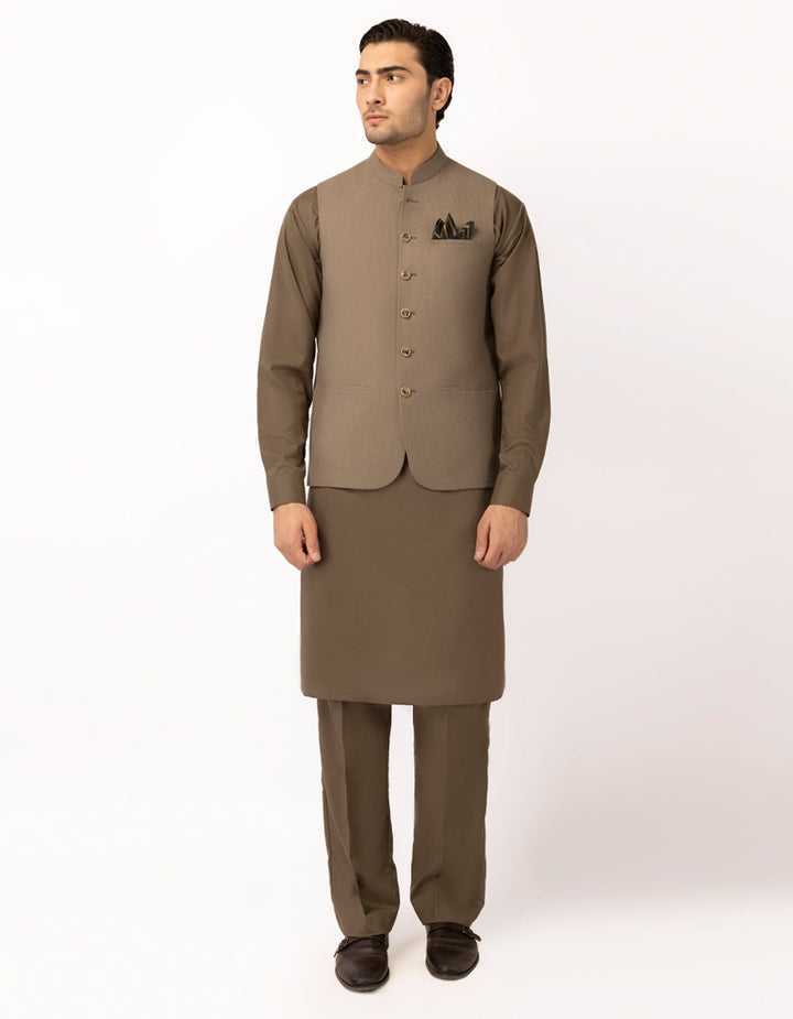Polyester Dull Brown Waist Coat - J. Junaid Jamshed