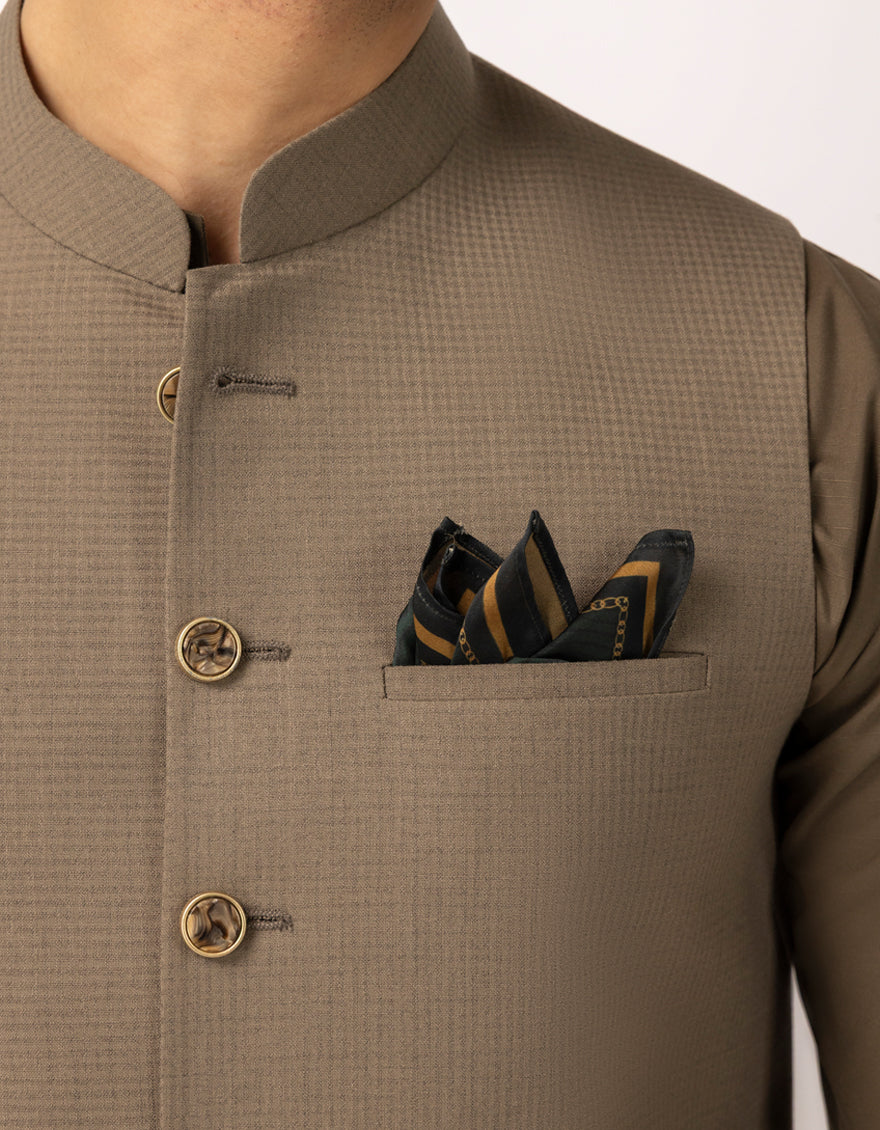 Polyester Dull Brown Waist Coat - J. Junaid Jamshed