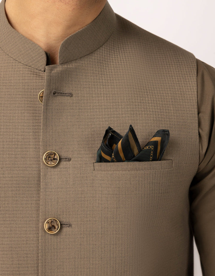 Polyester Dull Brown Waist Coat - J. Junaid Jamshed