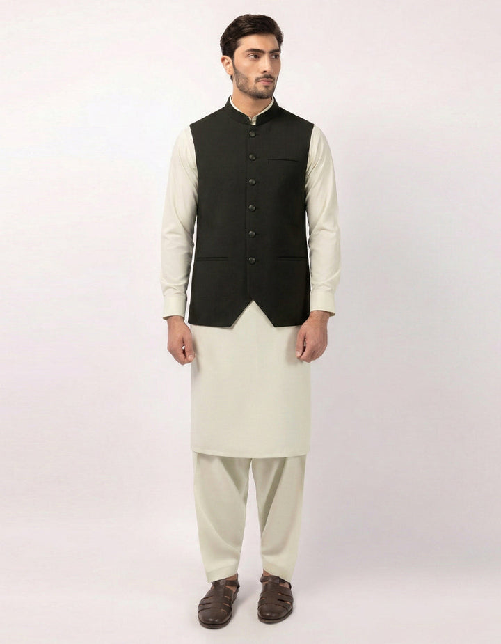 Polyester Black Waist Coat - J. Junaid Jamshed