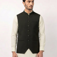 Polyester Black Waist Coat - J. Junaid Jamshed