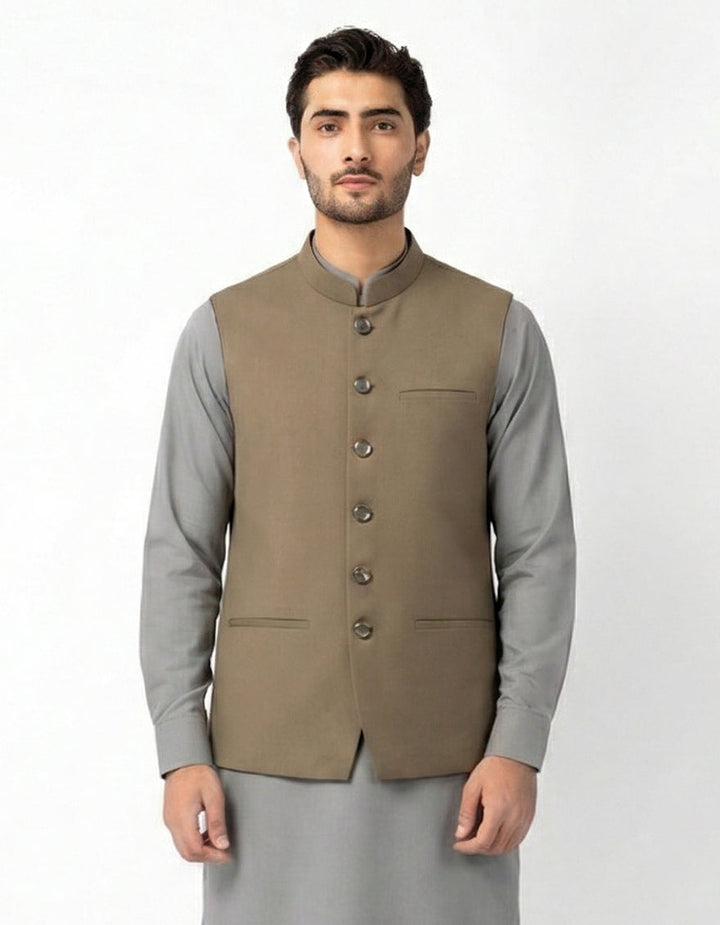 Blended Chestnut Brown Waist Coat - J. Junaid Jamshed