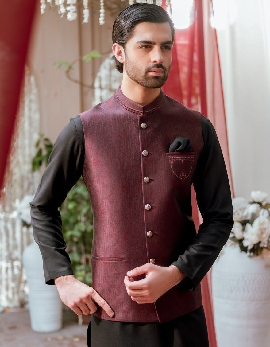 Jamawar Red Waist Coat - J. Junaid Jamshed