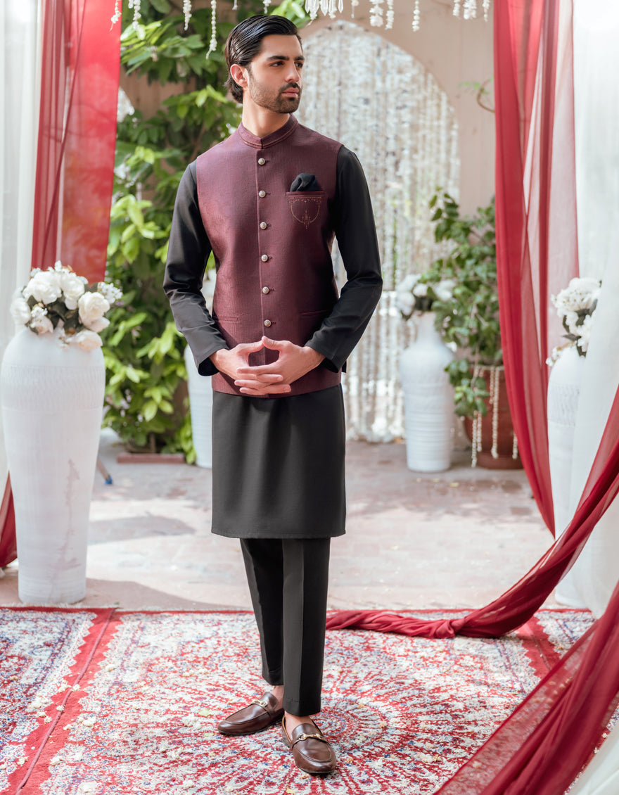 Jamawar Red Waist Coat - J. Junaid Jamshed