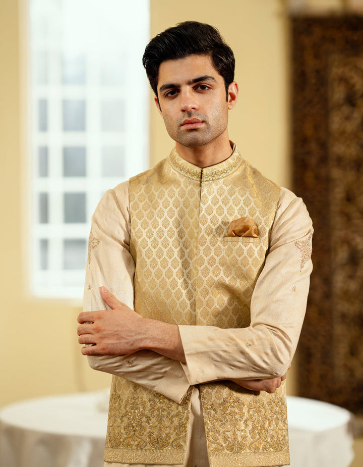 Polyester Dull Gold Waist Coat - J. Junaid Jamshed