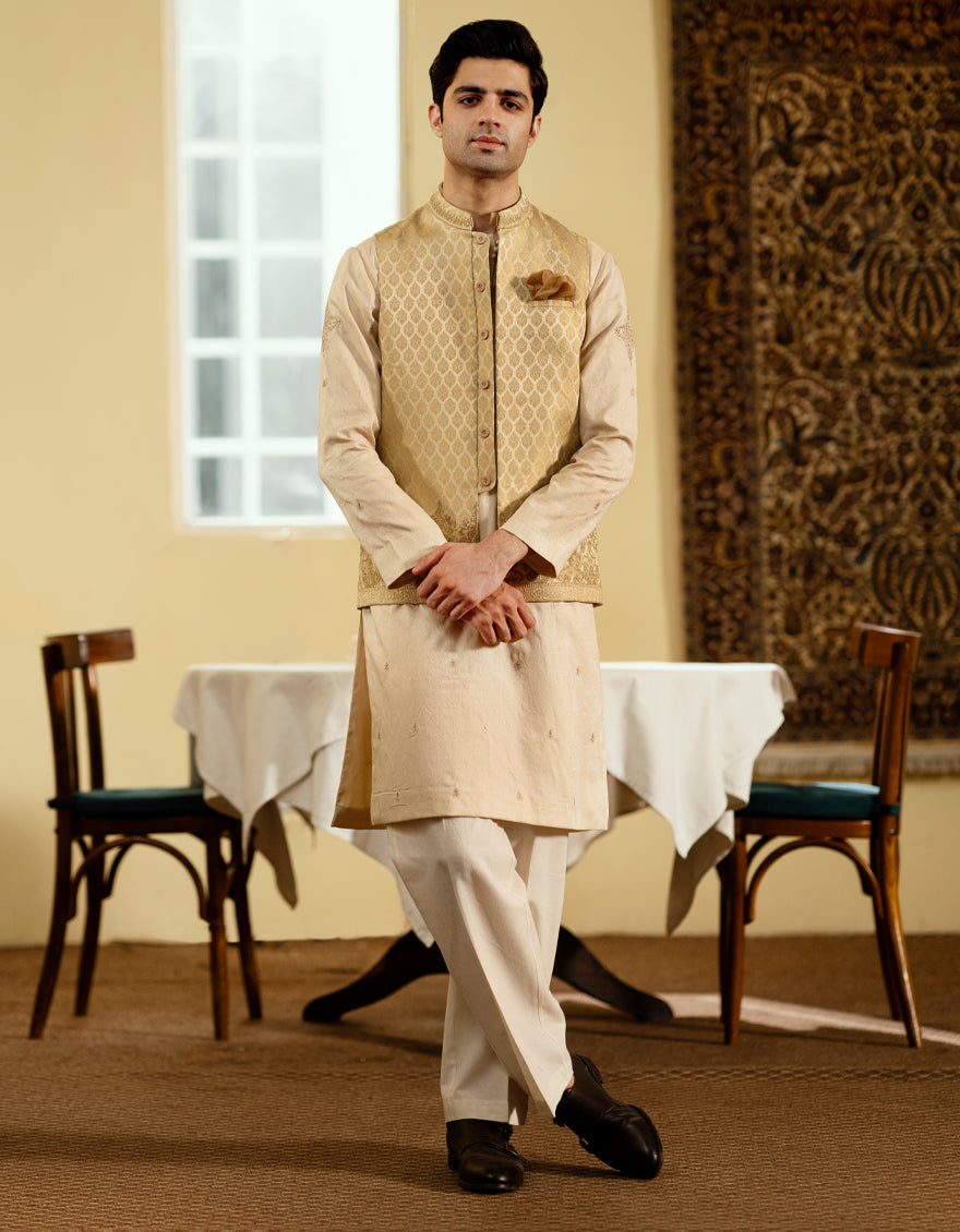 Polyester Dull Gold Waist Coat - J. Junaid Jamshed