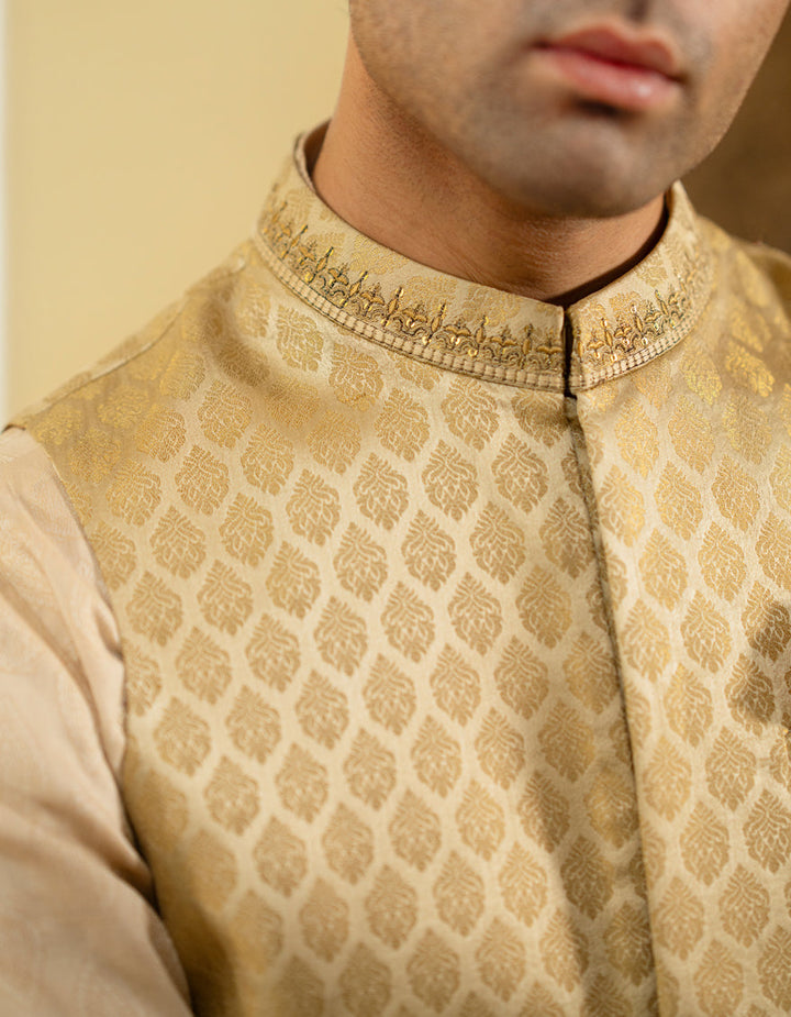 Polyester Dull Gold Waist Coat - J. Junaid Jamshed