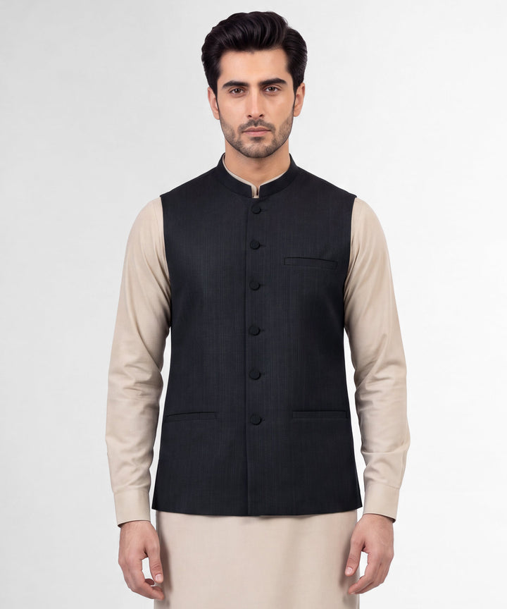 Polyester Navy Blue Waist Coat - J. Junaid Jamshed