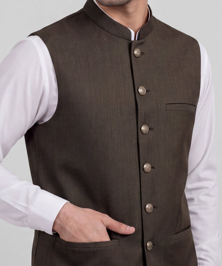 Polyester Brown Waist Coat - J. Junaid Jamshed