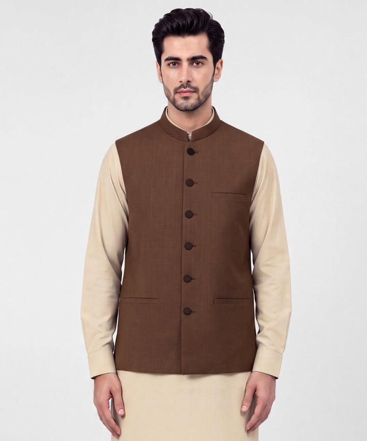 Polyester Brown Waist Coat - J. Junaid Jamshed
