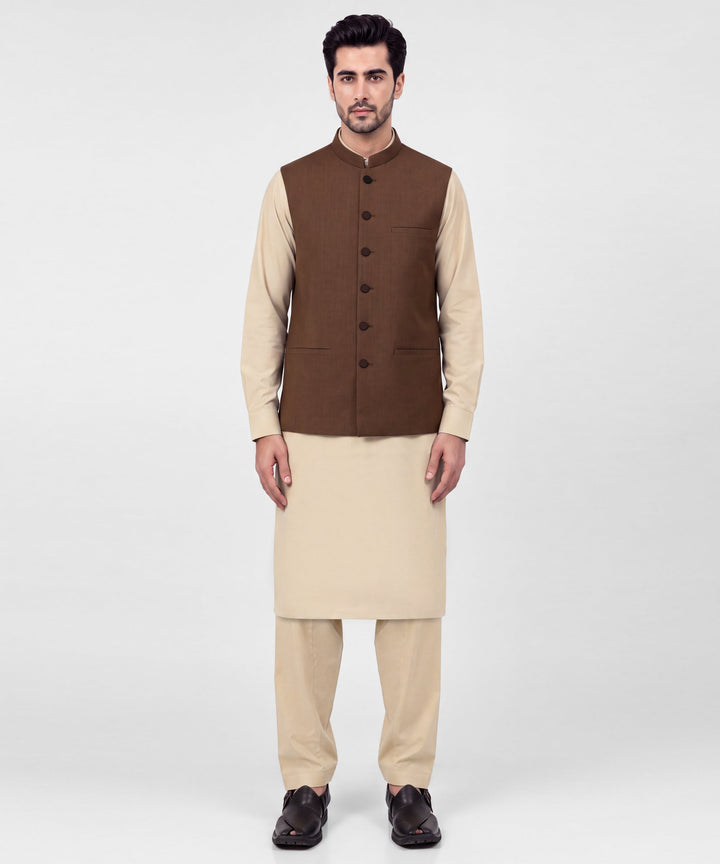 Polyester Brown Waist Coat - J. Junaid Jamshed