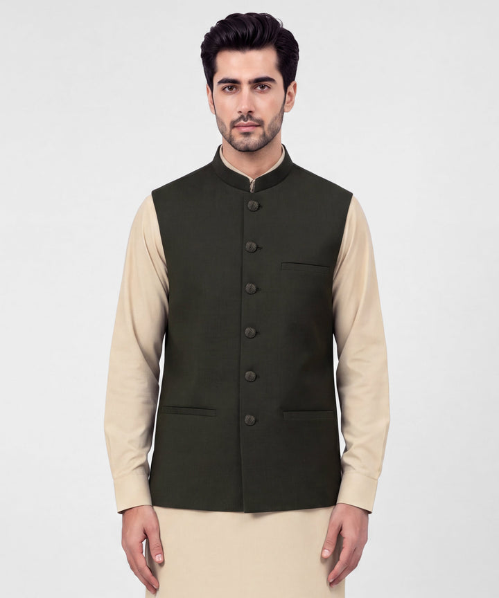 Polyester Dark Olive Waist Coat - J. Junaid Jamshed