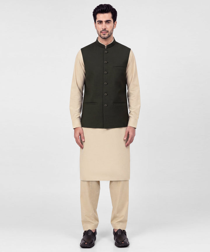 Polyester Dark Olive Waist Coat - J. Junaid Jamshed