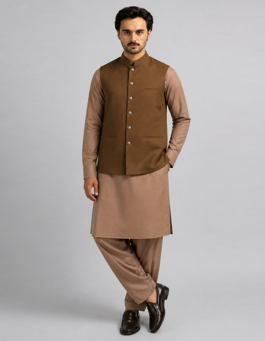 Blended Brown Waist Coat - J. Junaid Jamshed