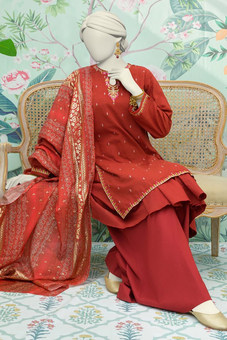 Dobby Maroon Stitched Suit - J. Junaid Jamshed