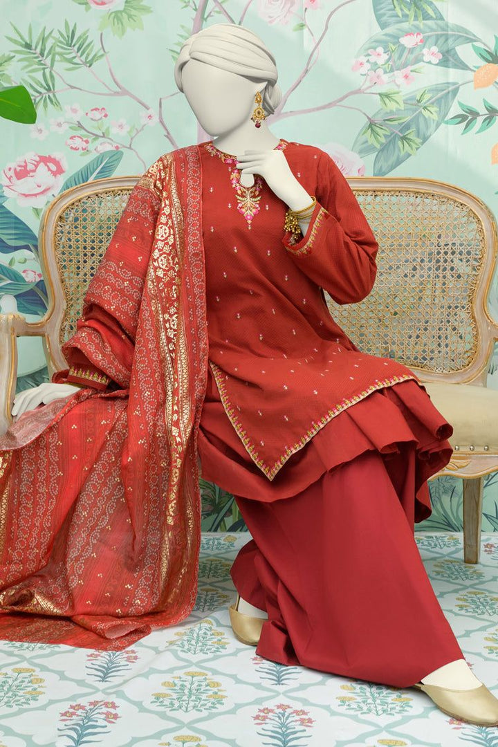 Dobby Maroon Stitched Suit - J. Junaid Jamshed