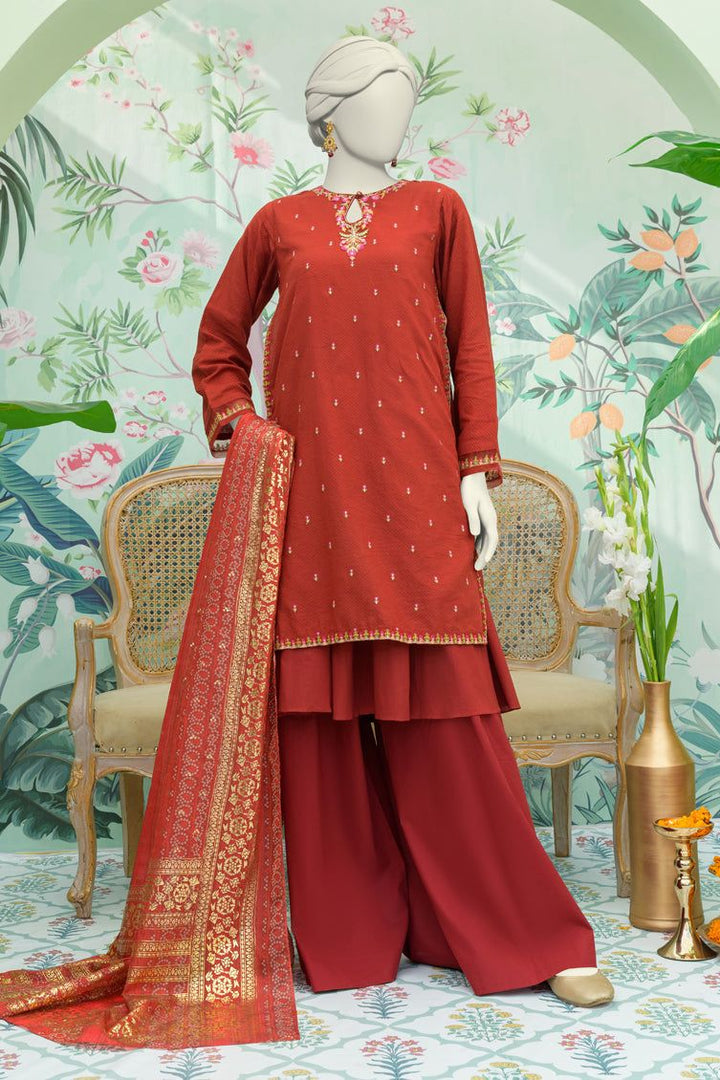 Dobby Maroon Stitched Suit - J. Junaid Jamshed
