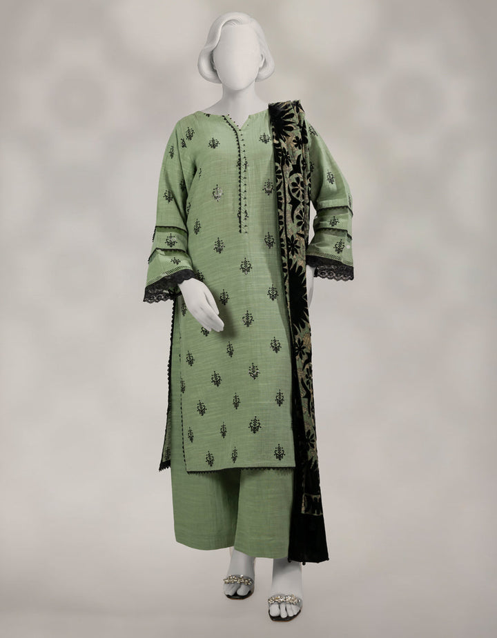 Khaddar Slub Green Stitched Suit - J. Junaid Jamshed