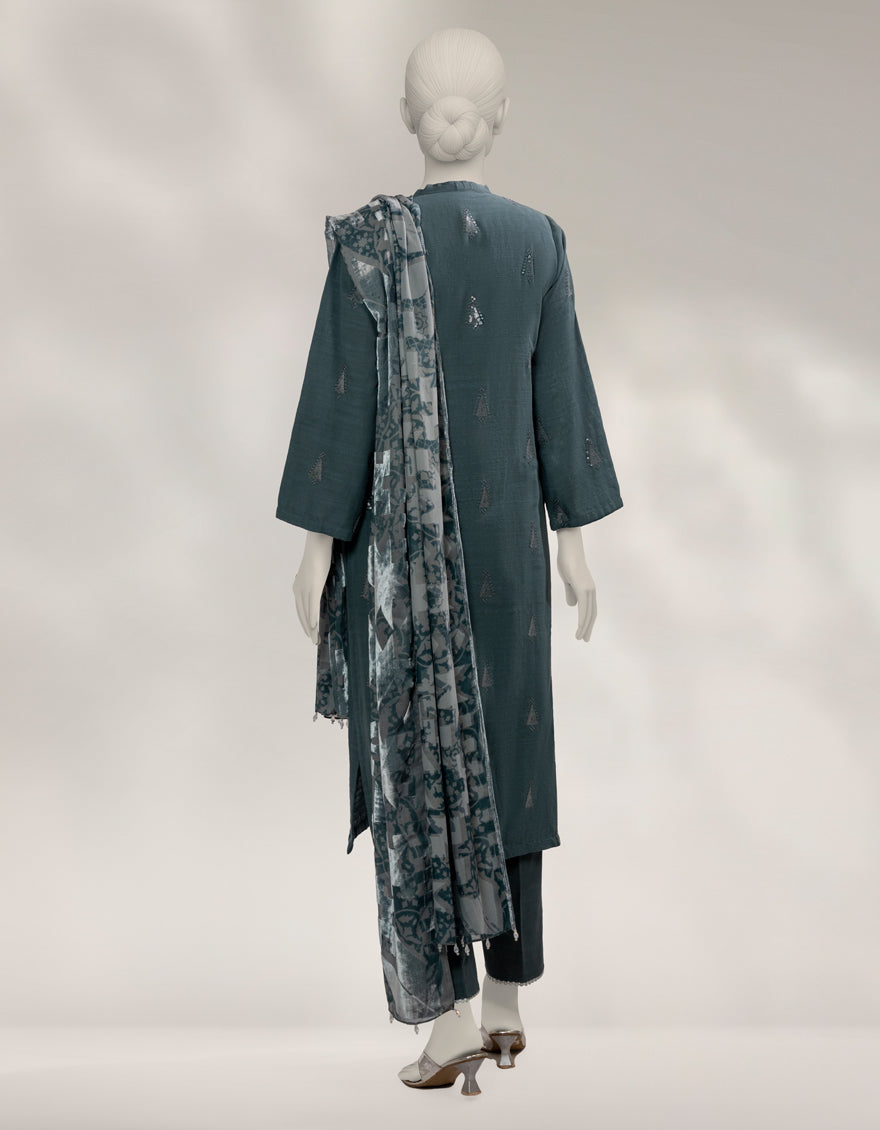 Khaddar Slub Green Stitched Suit - J. Junaid Jamshed